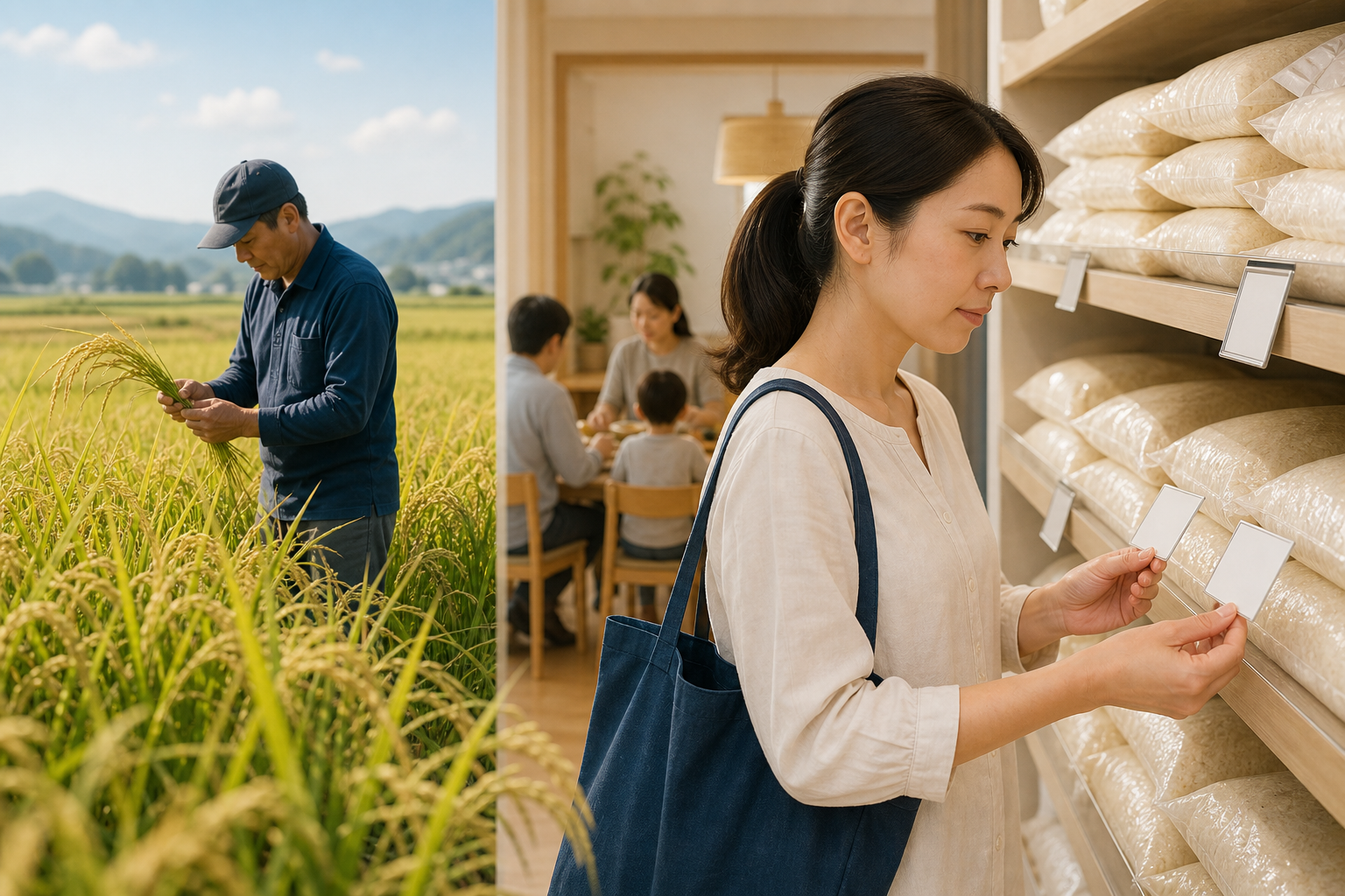 田んぼの生産者とスーパーで新米の価格を比べる家族を描いた2026年産米価格ニュースのアイキャッチ