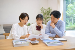 私立高校と公立高校の費用資料を比較する家族