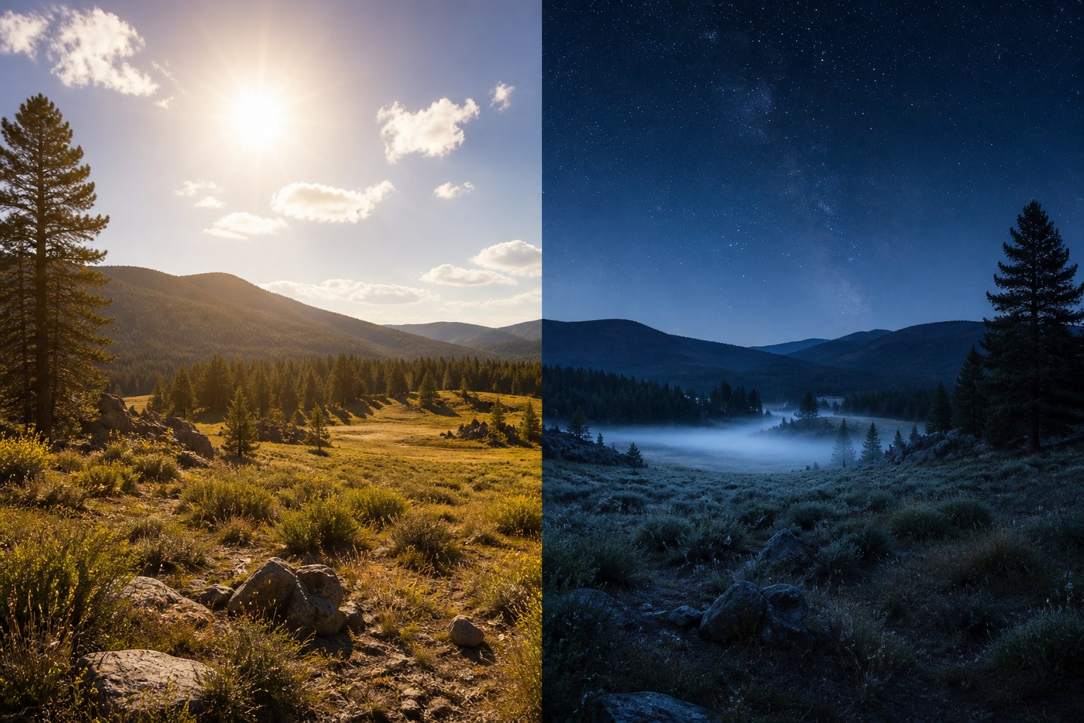 同じ高原でも日中は日差しが強く夜から明け方は冷気と霧がたまる様子を左右で比較したイメージ