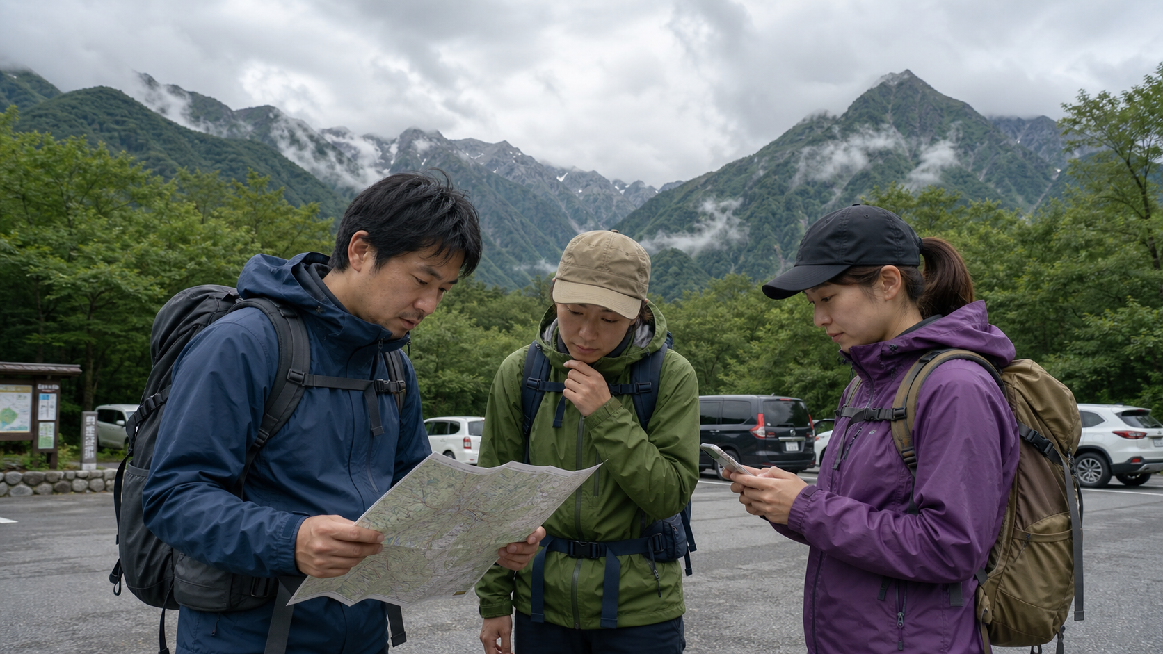 登山前に地図とスマートフォンで計画を見直す登山者