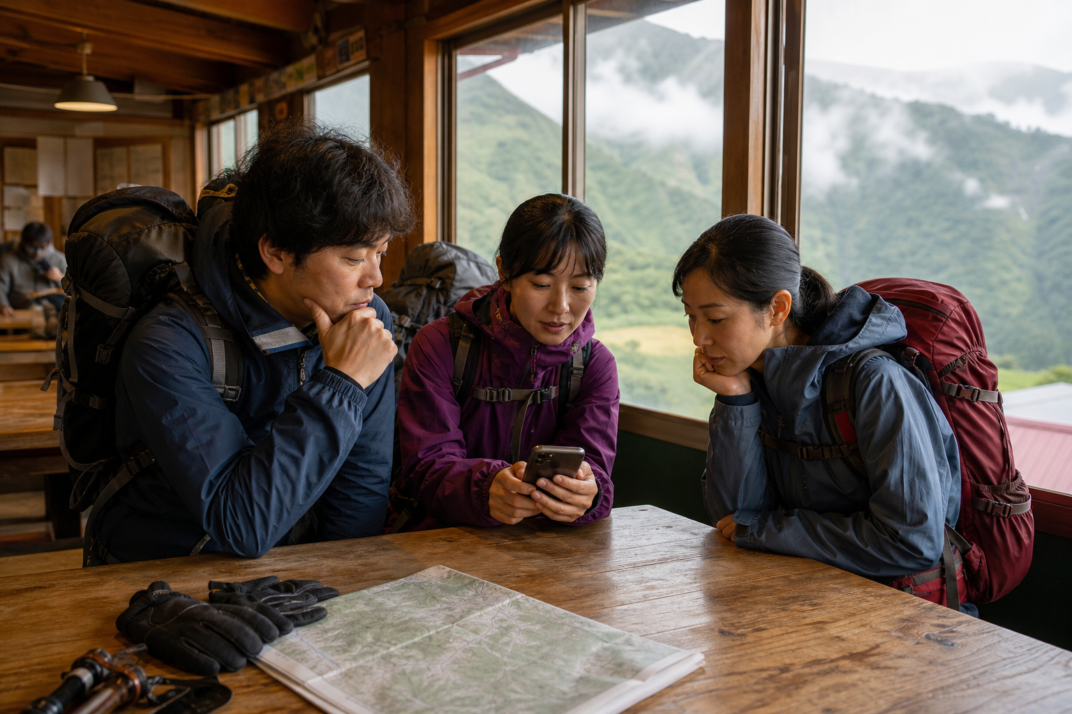 山小屋でスマートフォンの道路情報を確認する登山者