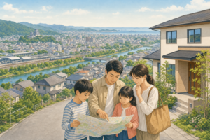 姫路市で住まいを探す子育て家族と城・鉄道・川・住宅地の街並み