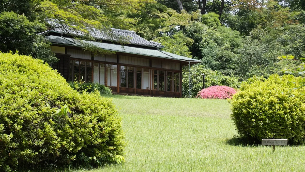 芝生の敷地に低く横へ伸びた平屋。家の周りに土地が残っている