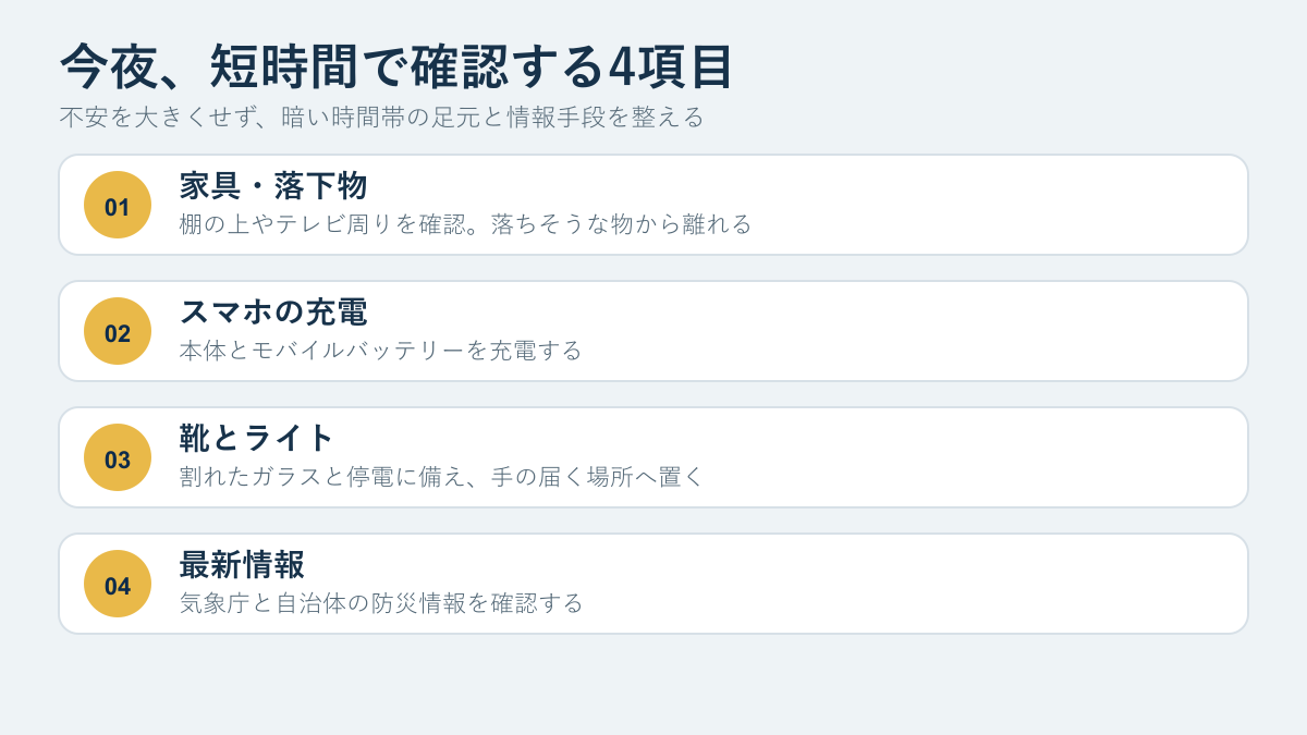 家具、スマホ充電、靴とライト、最新情報の4つを示す今夜の地震対策