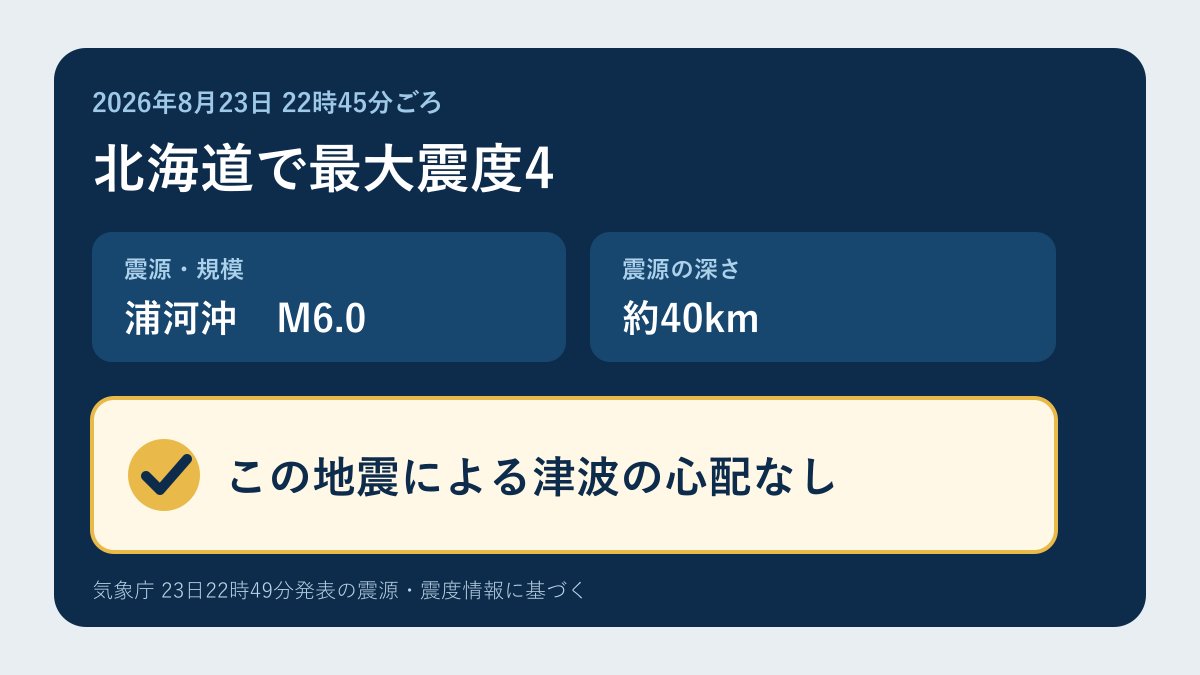 浦河沖の地震はM6.0、深さ約40km、北海道で最大震度4、津波の心配なし