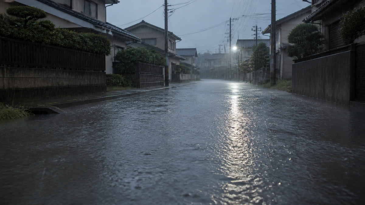 日本の住宅地で大雨により道路に水がたまったイメージ