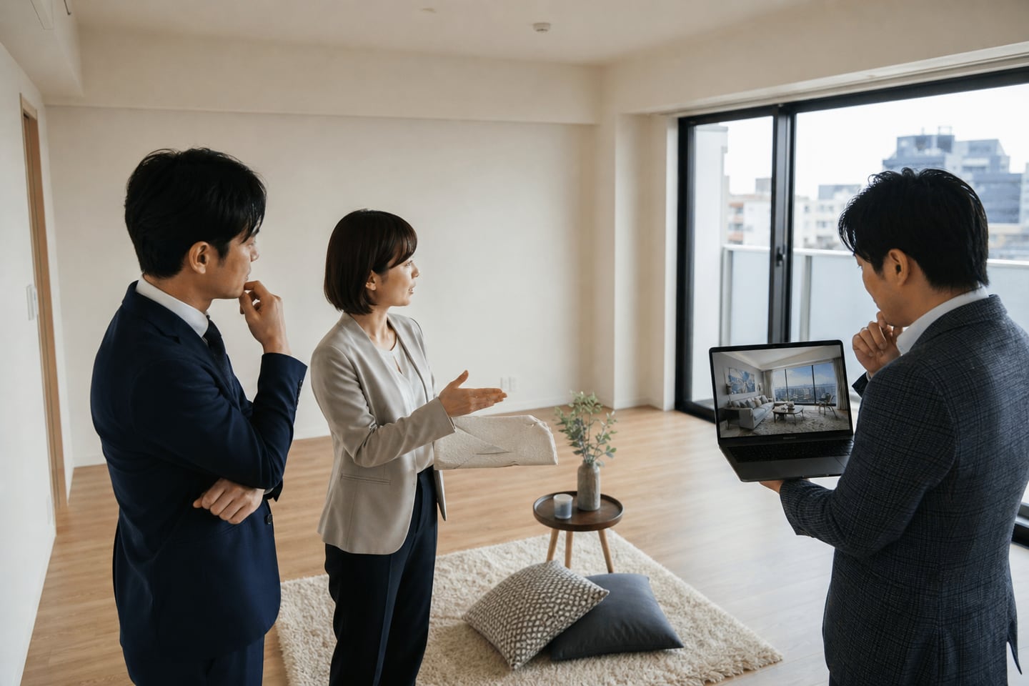 空室と実物家具とバーチャルホームステージングを比較する不動産会社の担当者