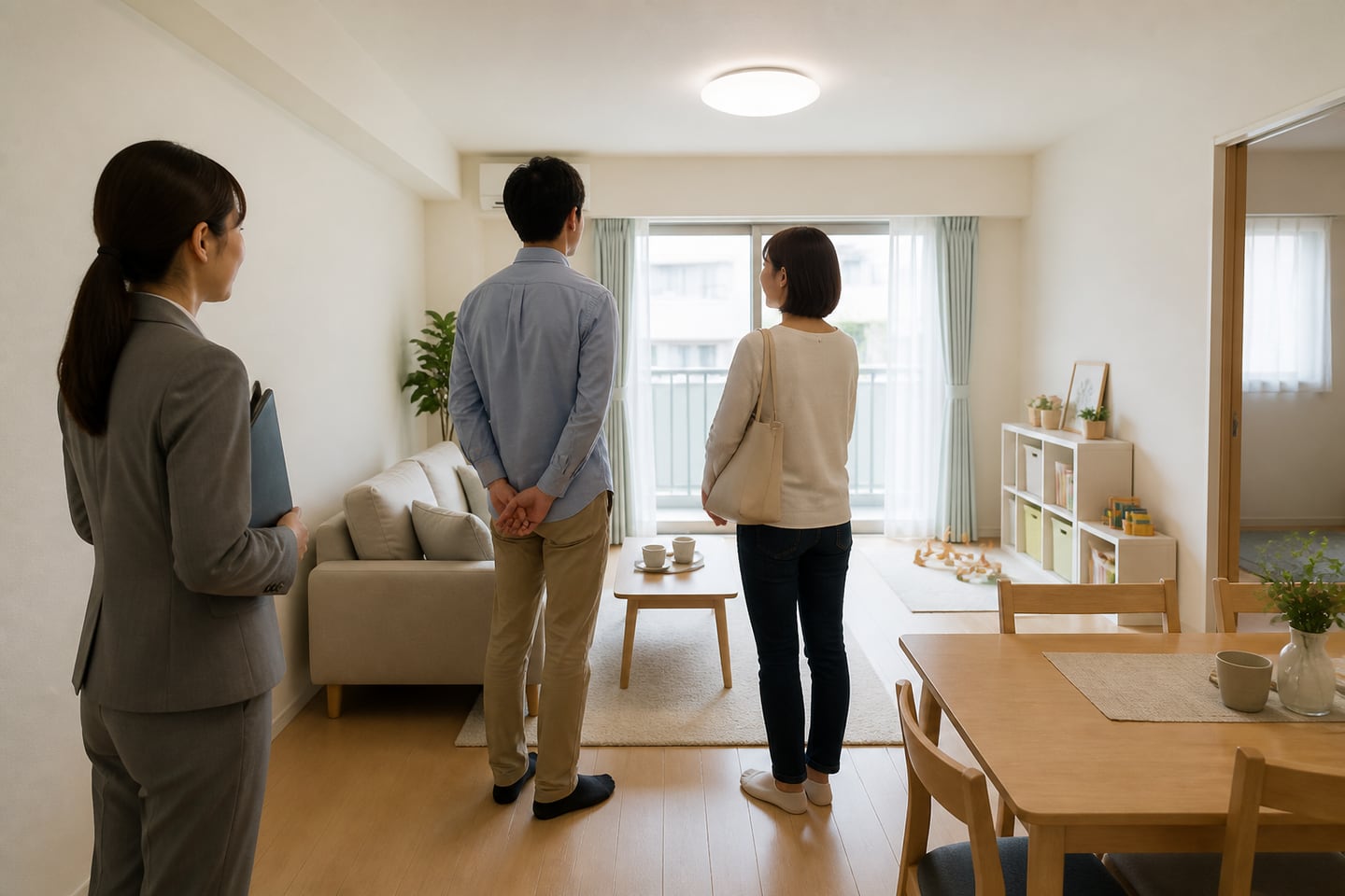 家族向け中古マンションに適切な大きさの家具を配置して暮らしを確認する内見客