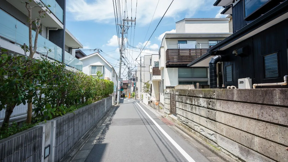 日本の住宅街。手前に道路があり、その先に一戸建てが並んでいる