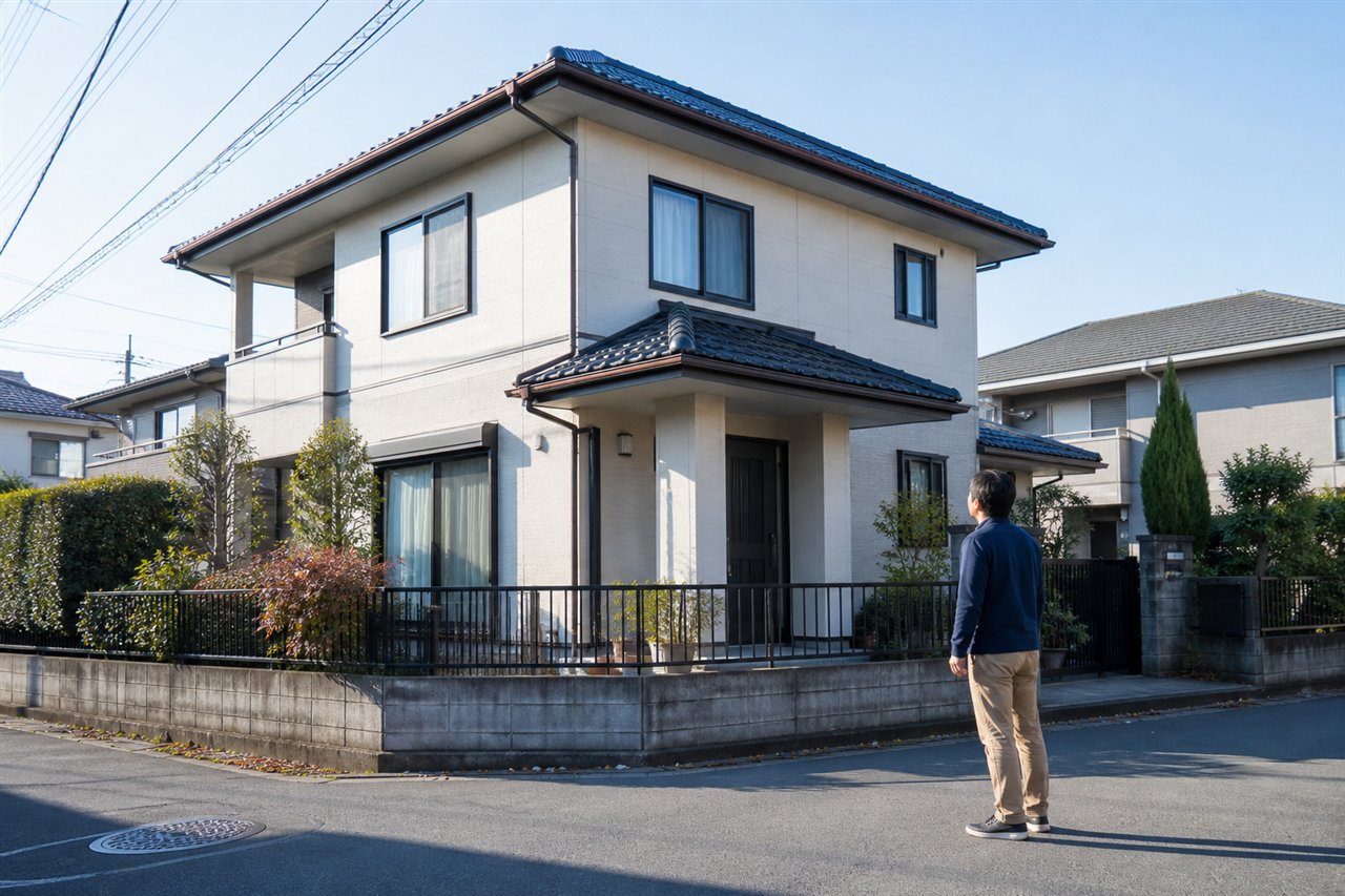 地震後に安全な距離から住宅の外壁や屋根を確認する男性