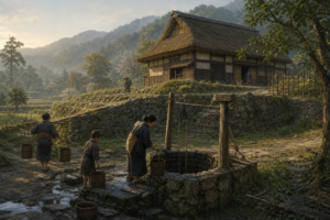古い集落の井戸とその上手に広がる家々をイメージした風景
