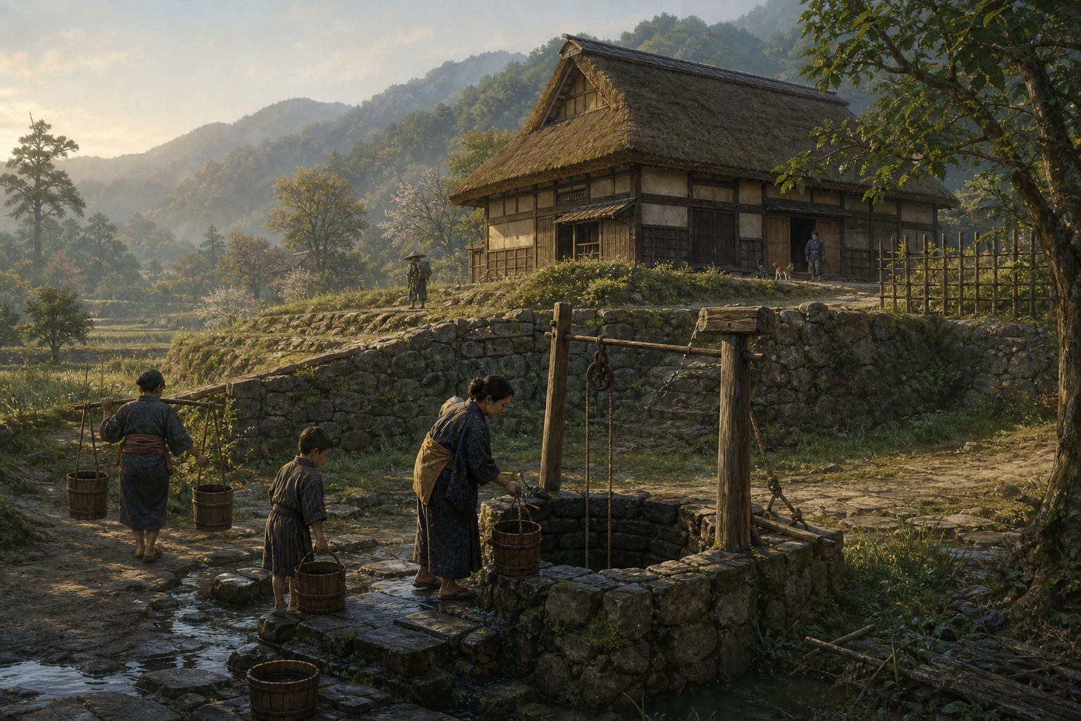 古い集落の井戸とその上手に広がる家々をイメージした風景