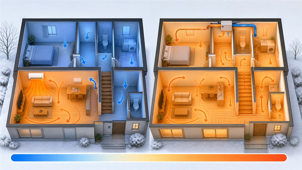 居間だけを暖房する住宅と家全体を暖める住宅の室温分布を青とオレンジで示した間取り比較図