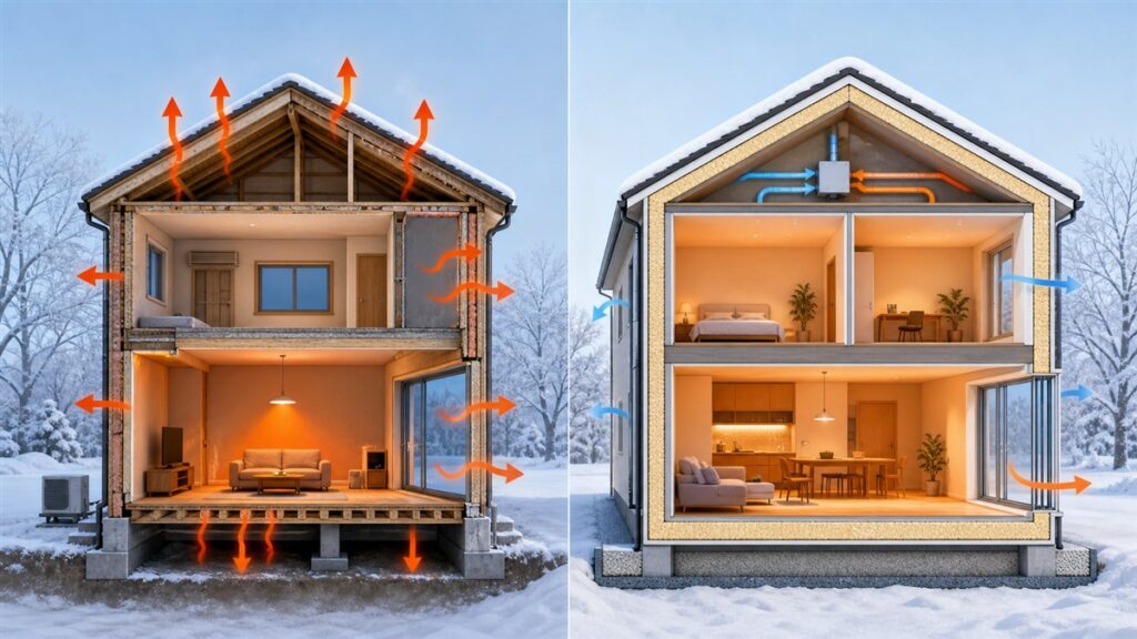 冬の日本住宅と北欧住宅の断熱・暖房を左右に比較した断面イラスト