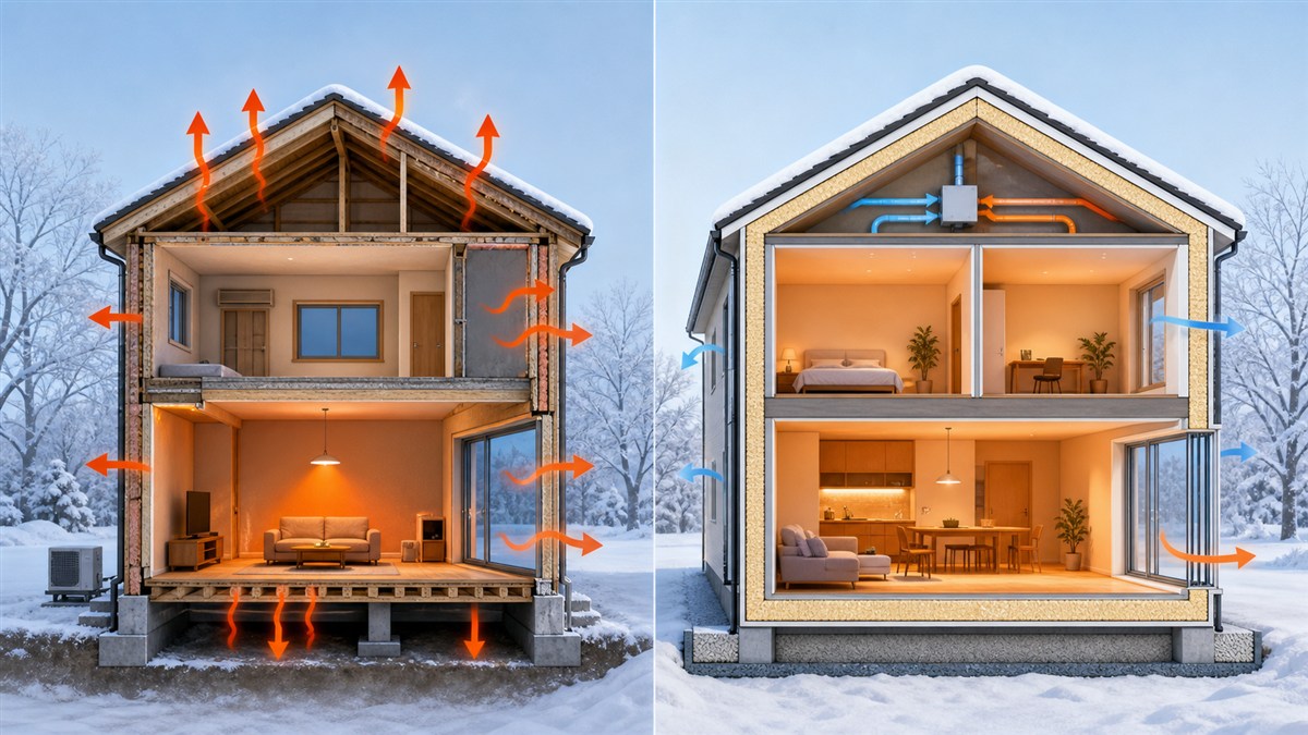 冬の日本住宅と北欧住宅の断熱・暖房を左右に比較した断面イラスト