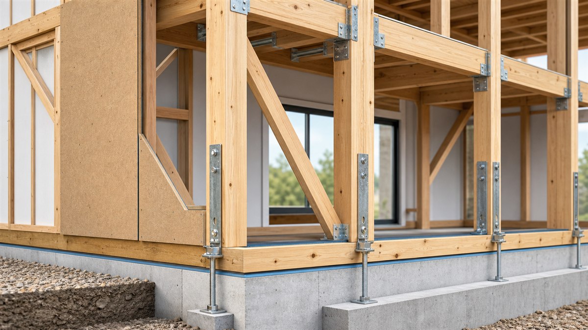 木造住宅の耐力壁・筋かい・金物・アンカーボルトと基礎の接合イメージ