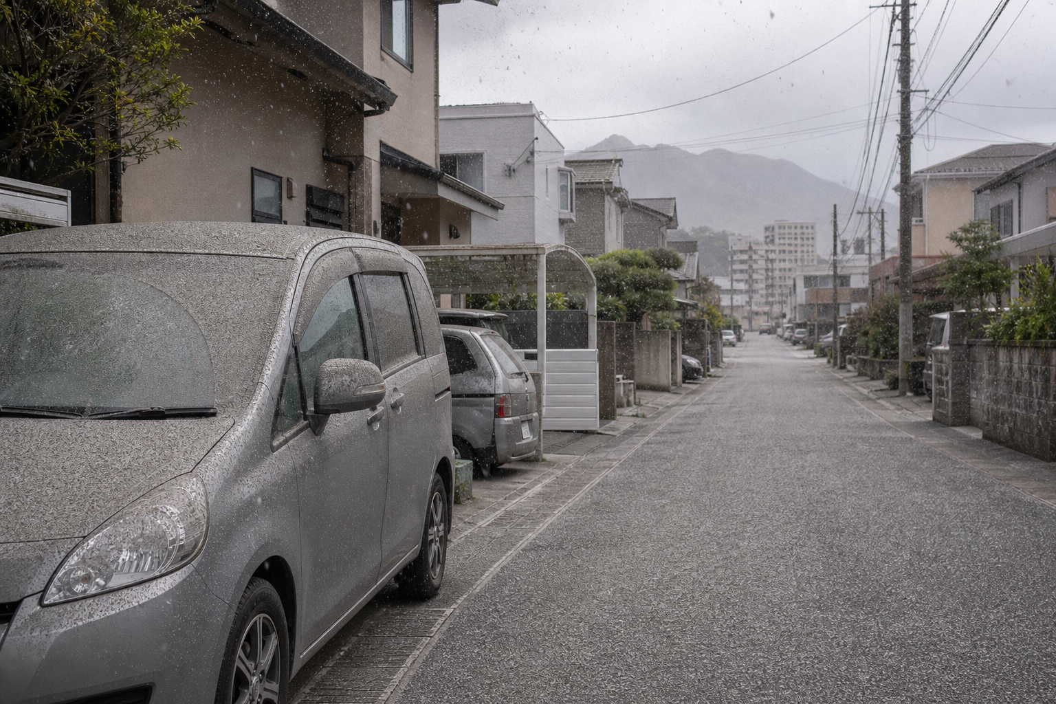 火山灰が薄く積もった鹿児島市の道路と車
