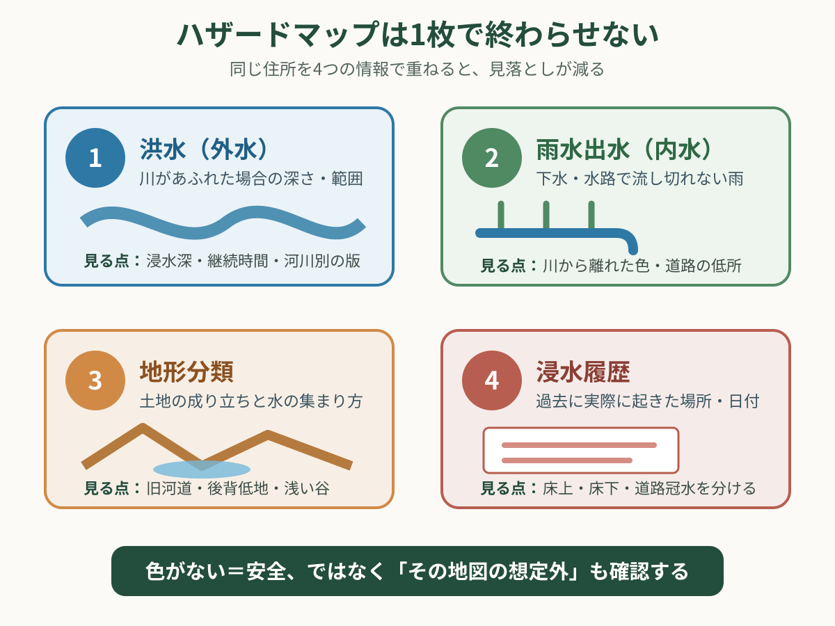 洪水・雨水出水・地形分類・浸水履歴を同じ住所で重ねて確認する手順図