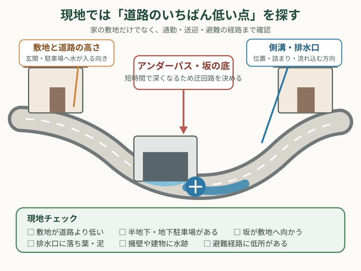 冠水しやすい場所を現地で確認する道路の低所・アンダーパス・排水口の図