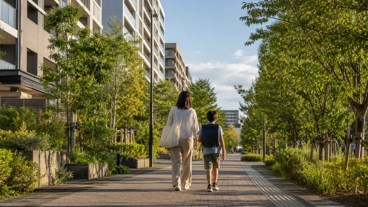 緑の多い歩道と集合住宅の間を、親子が並んで歩く柏市の暮らしをイメージした情景