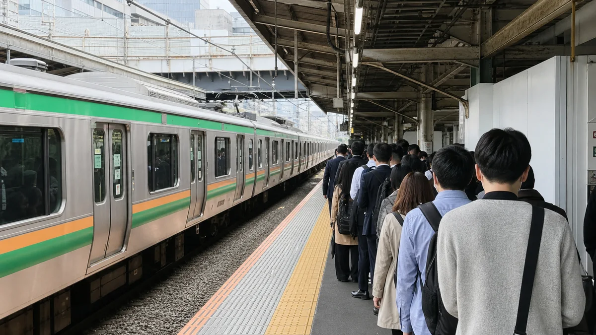 運転再開後の日本の駅ホームで、到着した電車を待つ通勤客の長い列