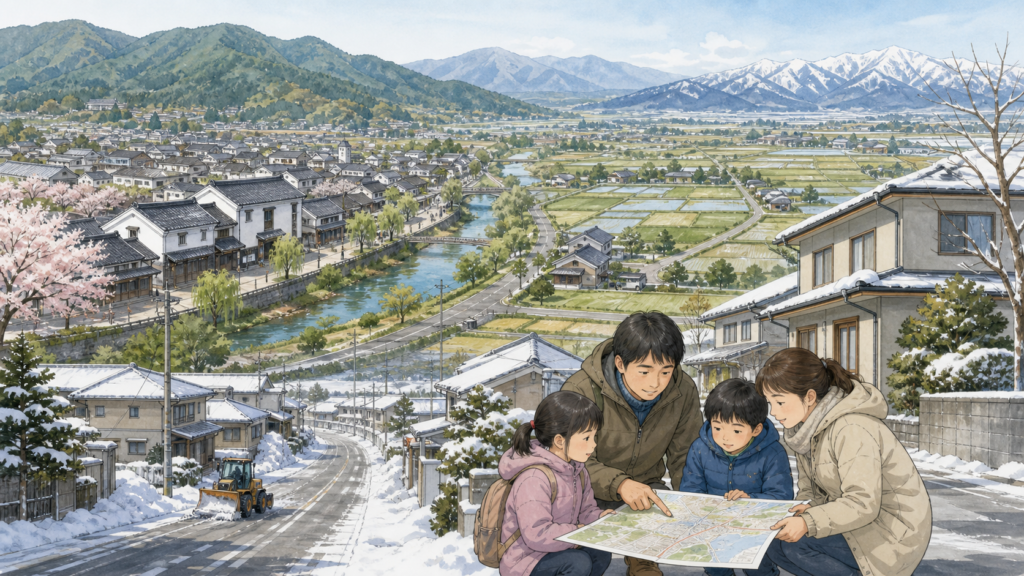 喜多方市の4地域・雪・学校・避難経路を地図で比べる子育て家族のイラスト