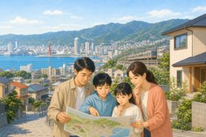 神戸市で住まいを探す子育て家族と海・山・坂・鉄道の街並み