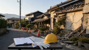 地震で外壁や瓦が損傷した住宅街と住家被害調査用のヘルメット・書類