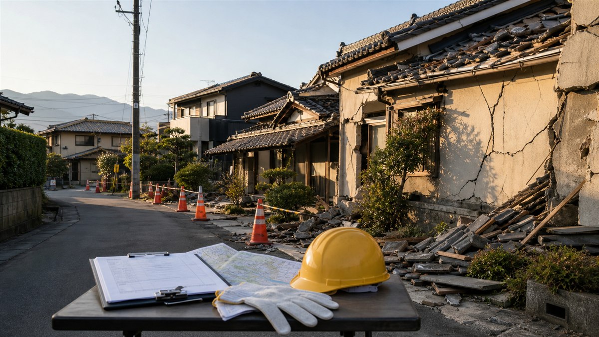 地震で外壁や瓦が損傷した住宅街と住家被害調査用のヘルメット・書類