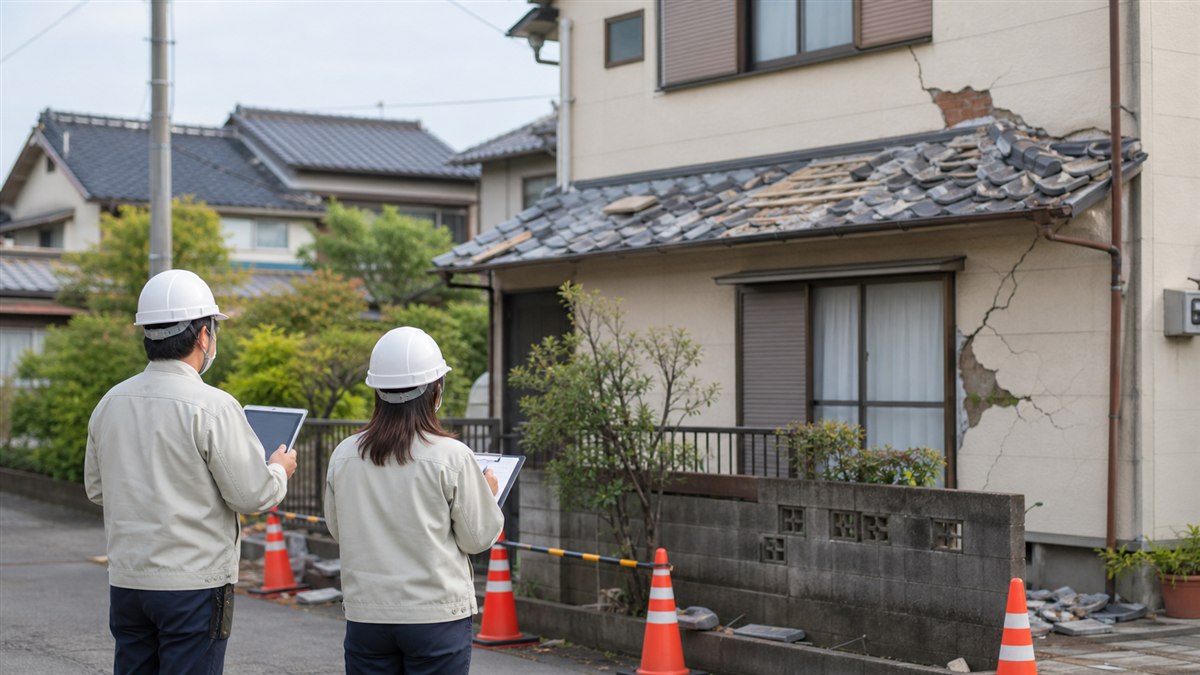 地震で壁や屋根が損傷した住宅を外から確認する調査員