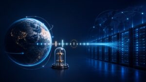 地球の自転と原子時計、データセンターをつなぐ連続UTCのイメージ