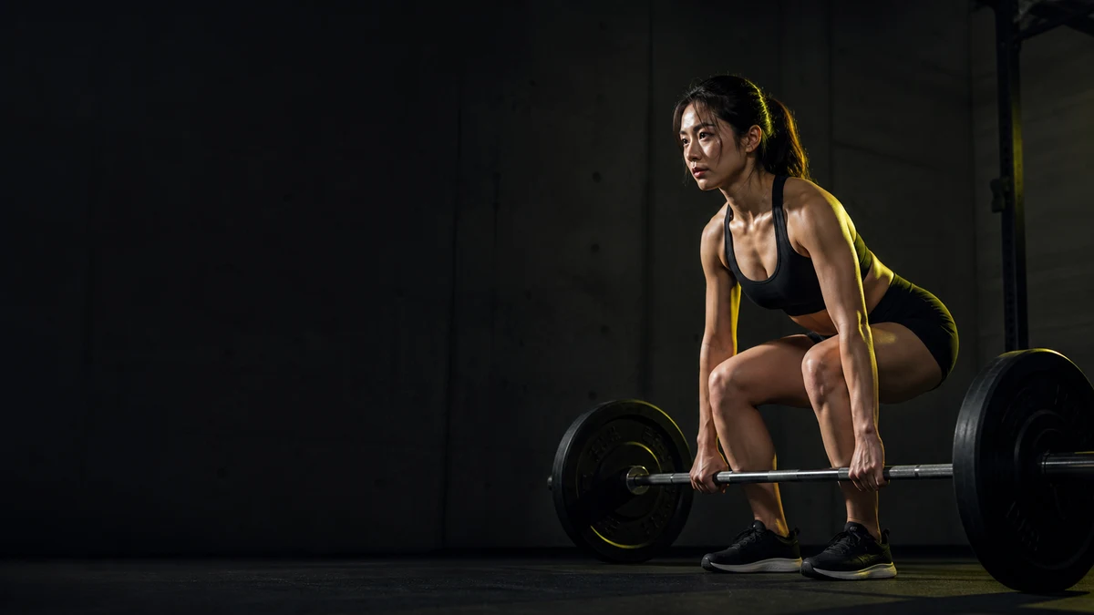 バーベルを使ったトレーニングに集中する女性