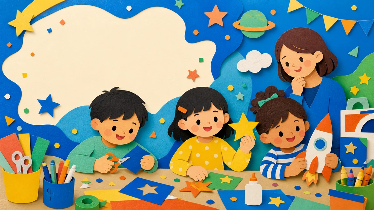 親子で工作と宇宙を楽しむ紙工作風イベントイラスト
