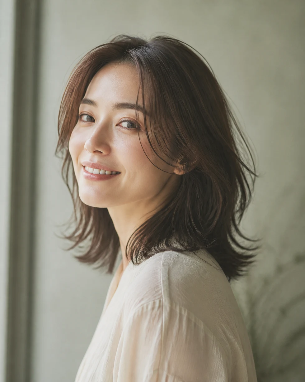 軽やかなレイヤーヘアに仕上げた女性モデル