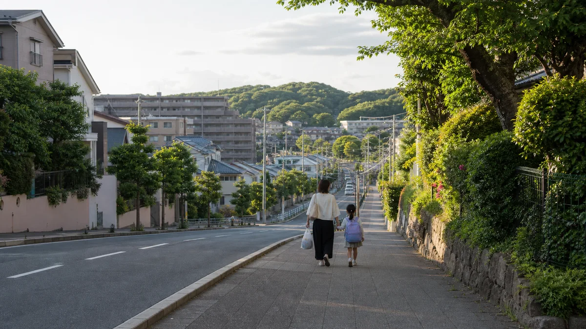 多摩丘陵を思わせる緑の多い坂道を、親子が並んで歩く町田市の暮らしのイメージ