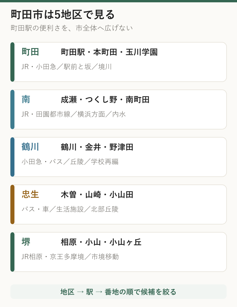 町田市を町田、南、鶴川、忠生、堺の5地区に分け、利用路線と住まい探しの焦点を示した図