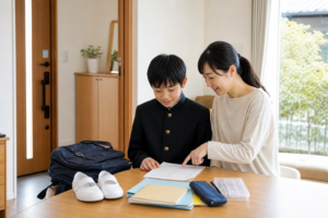 中学校の入学準備を確認する親子