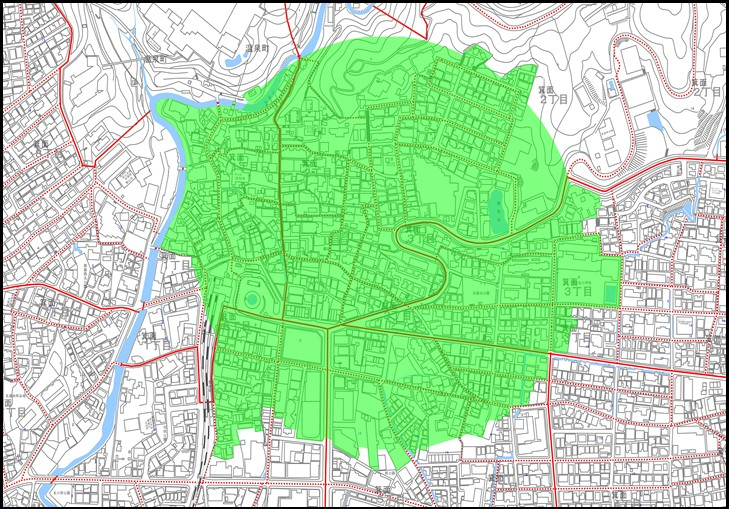 箕面市が公表した不発弾処理の警戒区域図。箕面1丁目から3丁目の一部と5・6丁目の一部が緑色で示されている