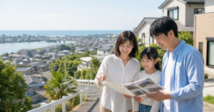 宮崎市の住宅地と海・川を背景に学区と災害リスクを確認する子育て家族