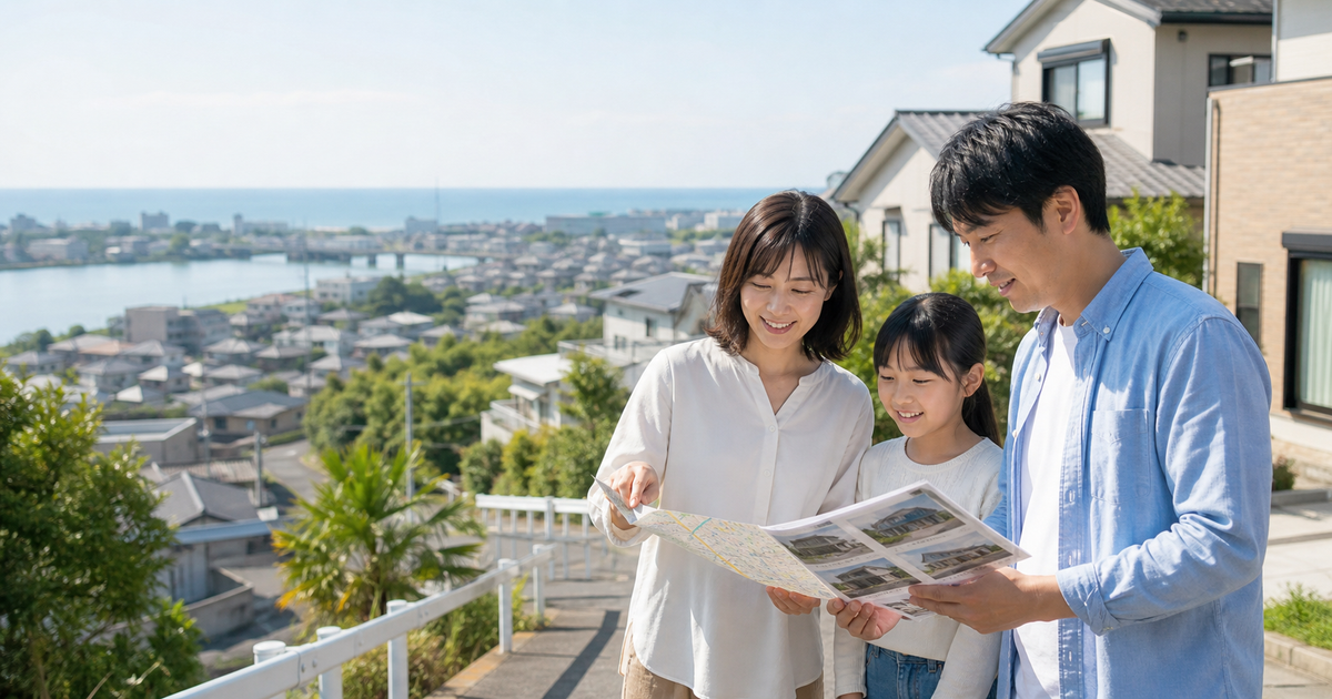 宮崎市の住宅地と海・川を背景に学区と災害リスクを確認する子育て家族