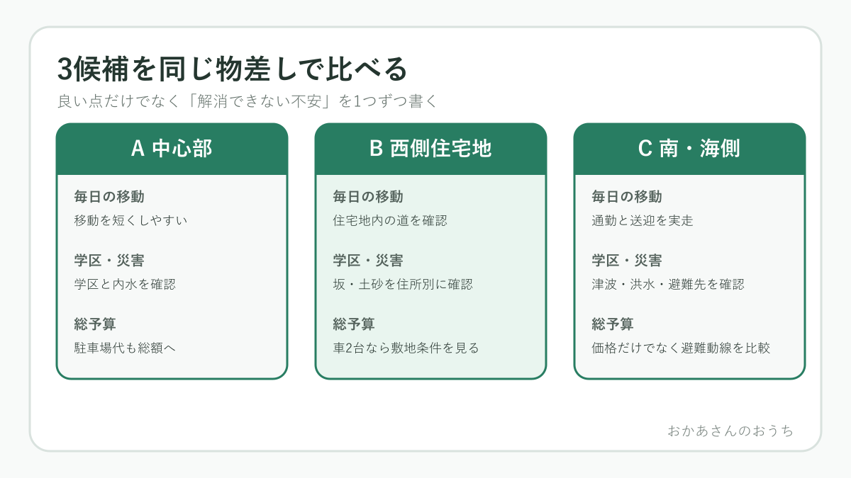 宮崎市の三つの住宅候補を移動・学区・災害・総予算で比較する図解