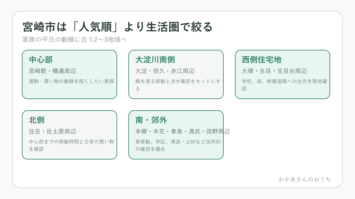 宮崎市を家族の生活圏から絞る図解