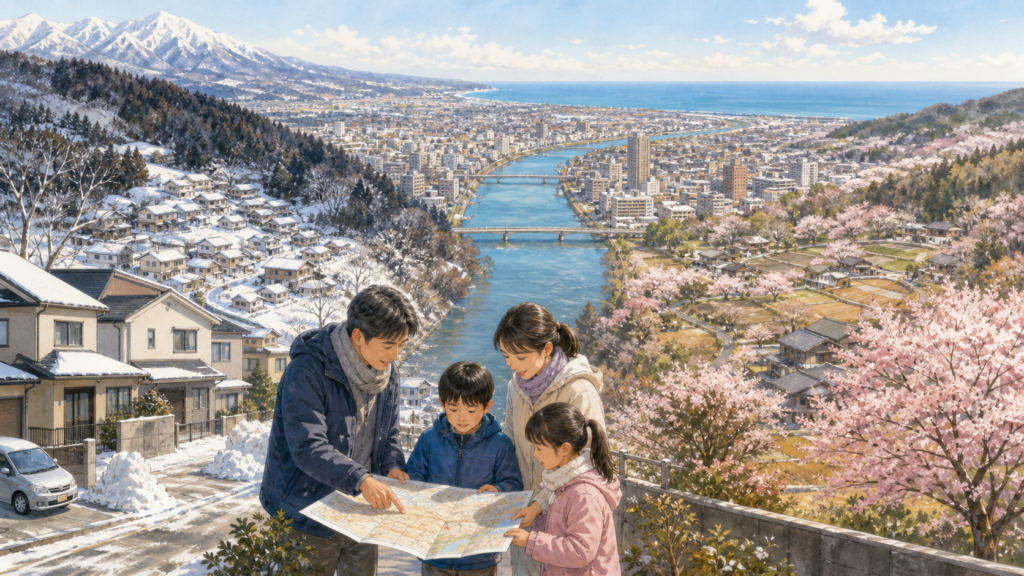 長岡市の雪・信濃川・11地域を地図で比べる子育て家族のイラスト