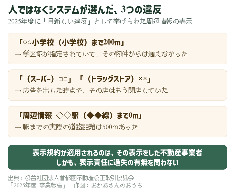 学校まで200m・スーパーは閉店済み・駅まで0mの3つの違反と、表示責任に過失の有無を問わないという規約の適用範囲