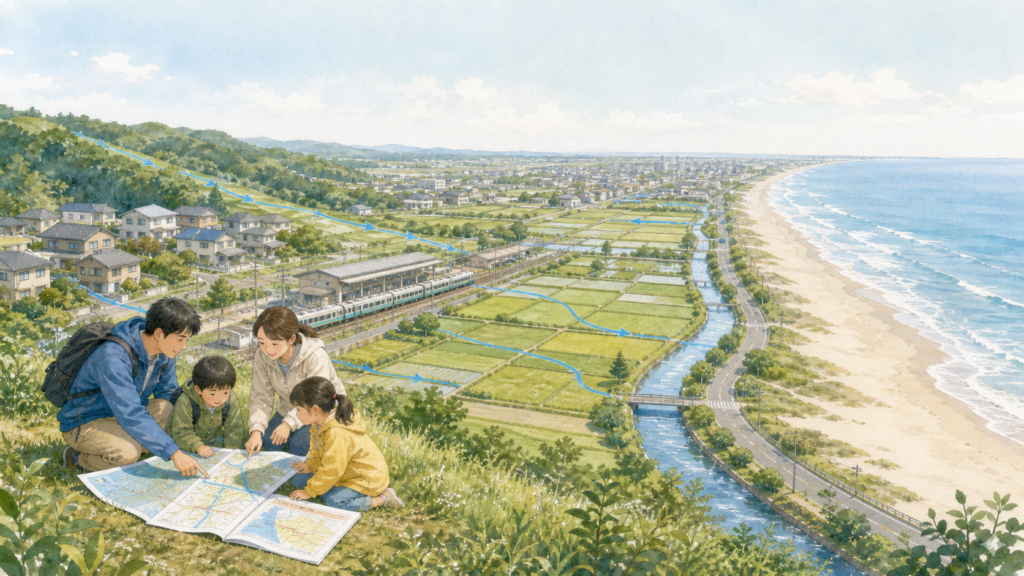 大網白里市の丘陵・田園・海岸と水の流れを家族が地図で確認するイラスト