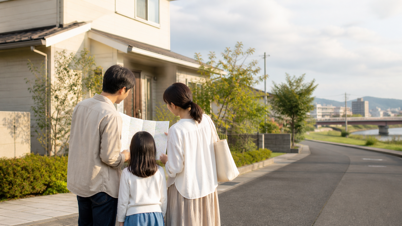 岡山市で地図を見ながら住まい探しをする子育て家族