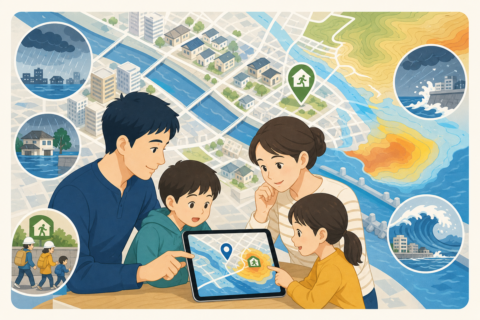 大阪市の住宅周辺にある洪水・内水・高潮・津波の災害リスクを家族で確認するイラスト