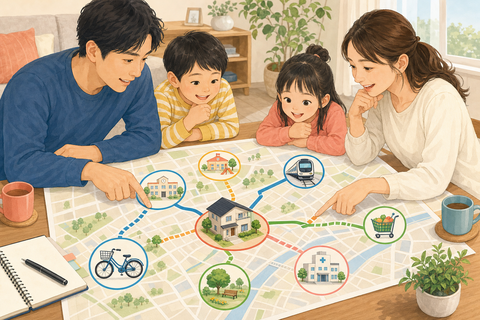 家族で住居、学校、保育施設、駅、買い物、医療の動線を比べるイラスト