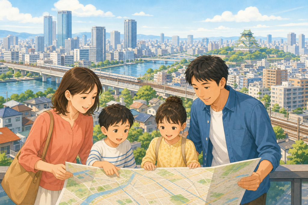 大阪市の街並みを眺めながら住まいを検討する子育て世帯のイラスト