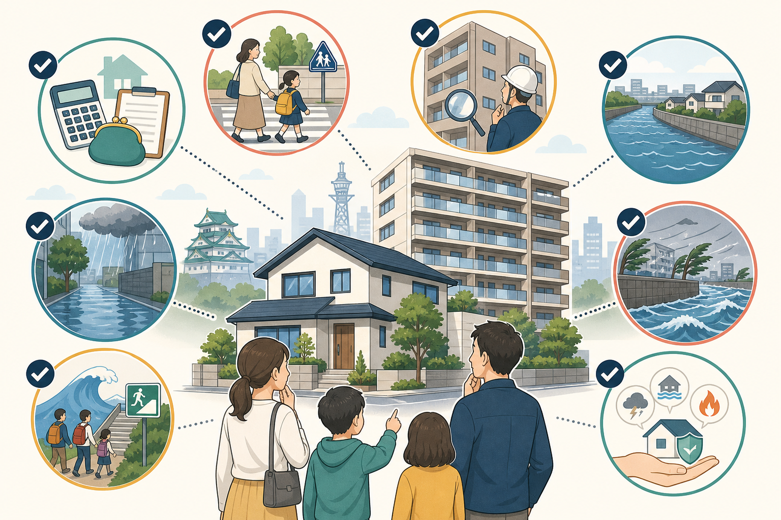 大阪市で住宅契約前に予算、通学路、建物、水害と保険を確認するイラスト